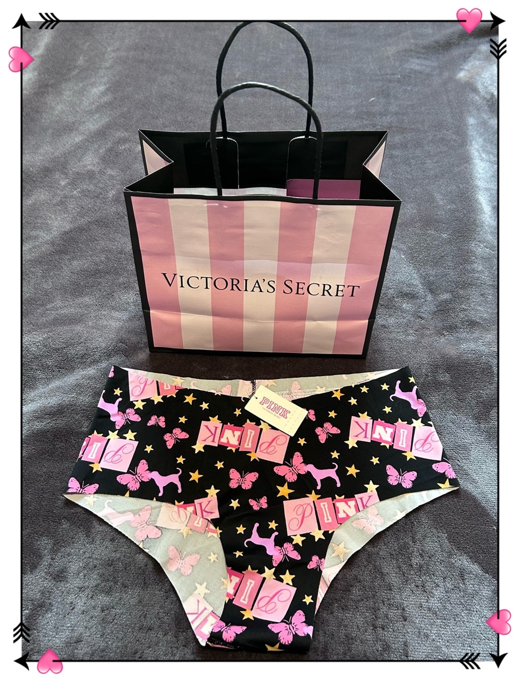 NWT PINK VS No-Show Seamless Cheeky Panty Black Pink Butterfly Dog Sz S